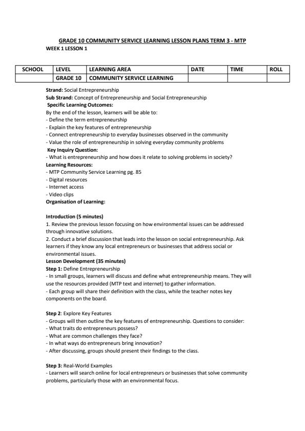 Page 1 – Grade 10 Community Service Learning Lesson Plans Term 3 - MTP – Kenyaplex