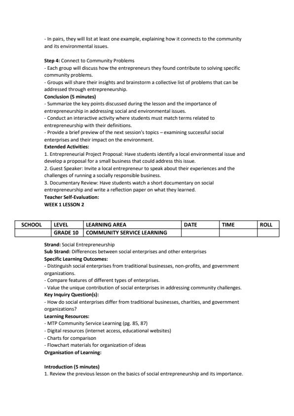 Page 2 – Grade 10 Community Service Learning Lesson Plans Term 3 - MTP – Kenyaplex