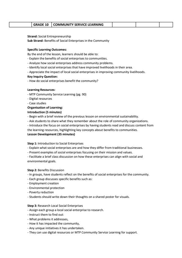 Page 4 – Grade 10 Community Service Learning Lesson Plans Term 3 - MTP – Kenyaplex