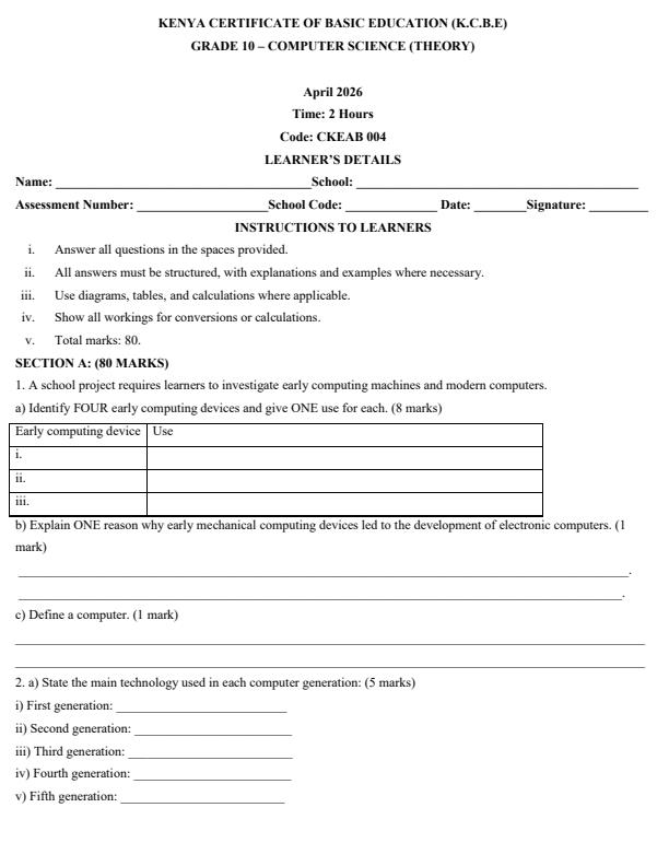 Page 1 – Grade 10 Computer Science April 2026 Holiday Assignment – Kenyaplex