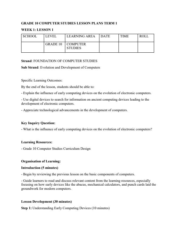 Page 1 – Grade 10 Computer Studies Lesson Plans Term 1 – Kenyaplex