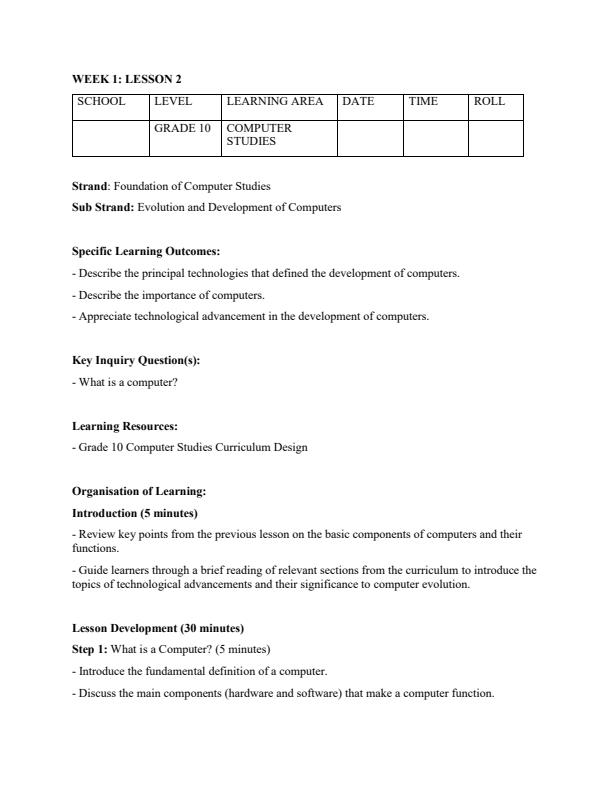 Page 4 – Grade 10 Computer Studies Lesson Plans Term 1 – Kenyaplex