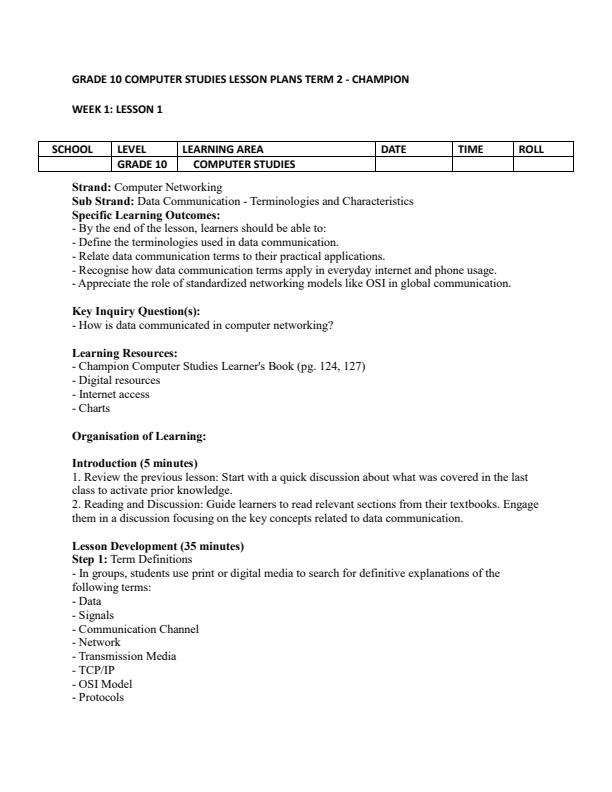 Page 1 – Grade 10 Computer Studies Lesson Plans Term 2 - Champion – Kenyaplex