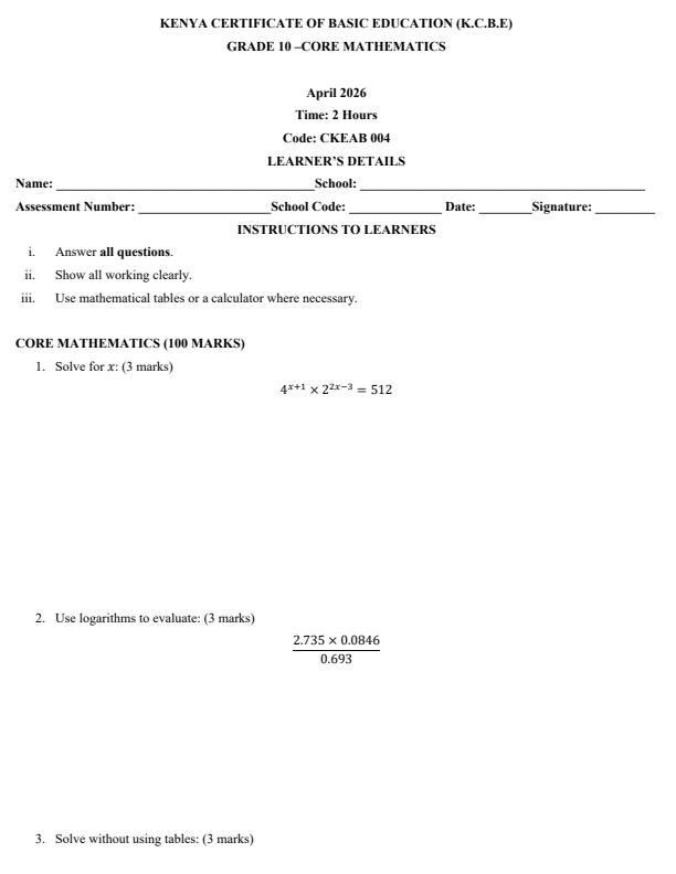 Page 1 – Grade 10 Core Mathematics April 2026 Holiday Assignment – Kenyaplex