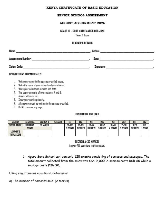 Page 1 – Grade 10 Core Mathematics August 2026 Holiday Assignment – Kenyaplex