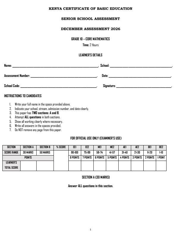 Page 1 – Grade 10 Core Mathematics December 2026 Holiday Assignment – Kenyaplex