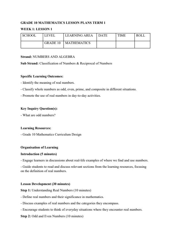 Page 1 – Grade 10 Core Mathematics Lesson Plans Term 1 – Kenyaplex