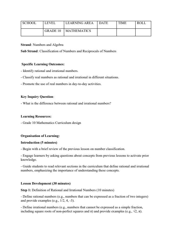 Page 3 – Grade 10 Core Mathematics Lesson Plans Term 1 – Kenyaplex