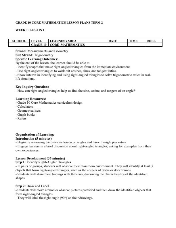 Page 1 – Grade 10 Core Mathematics Lesson Plans Term 2 – Kenyaplex