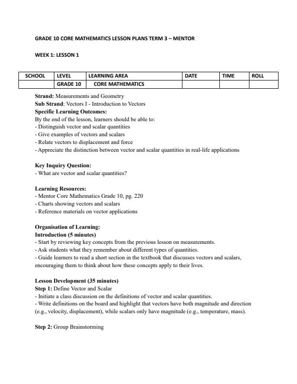 Page 1 – Grade 10 Core Mathematics Lesson Plans Term 3 - Mentor – Kenyaplex