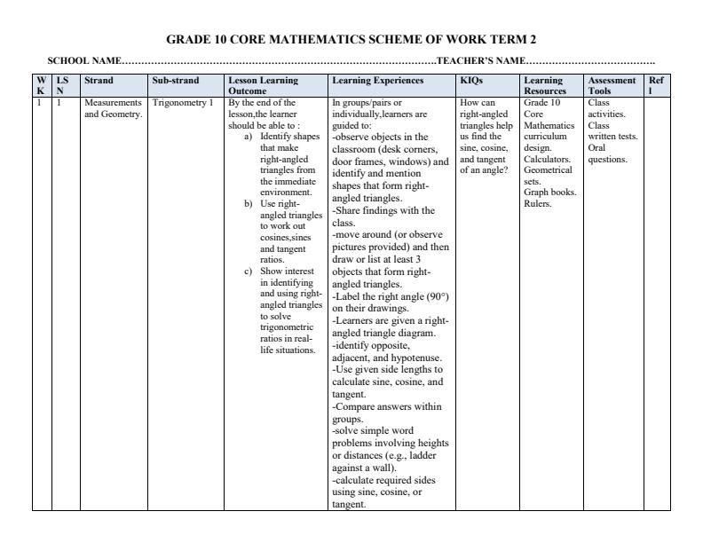 Page 1 – Grade 10 Core Mathematics Schemes of Work Term 2 – Kenyaplex