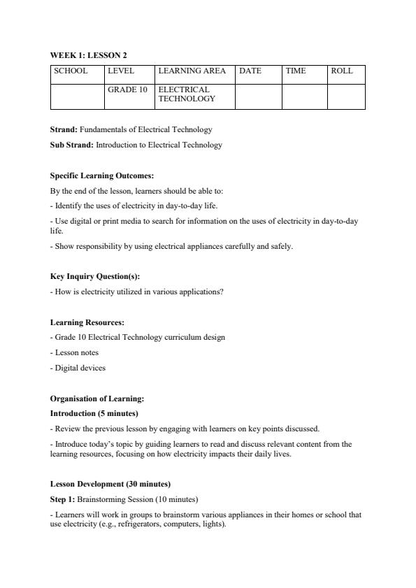 Page 3 – Grade 10 Electrical Technology Lesson Plans Term 1 – Kenyaplex