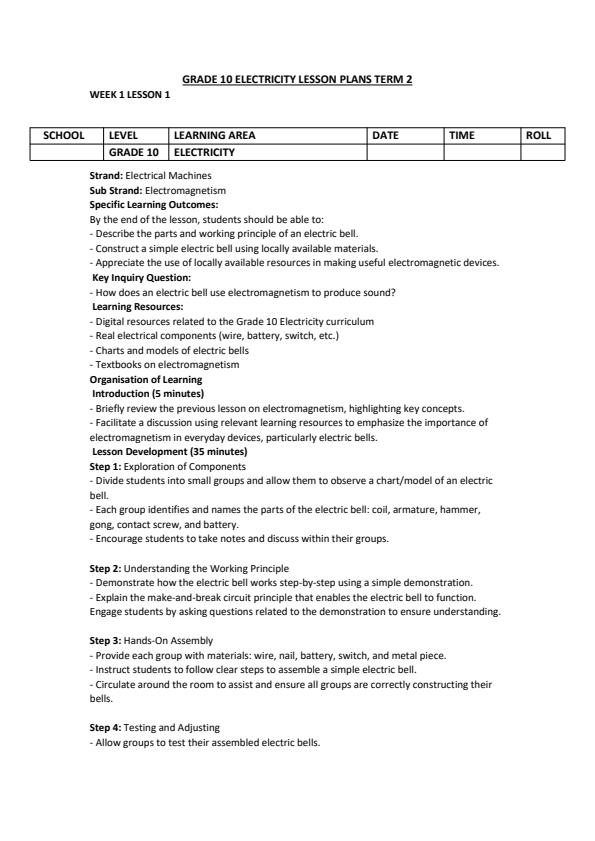 Page 1 – Grade 10 Electricity Lesson Plans Term 2 – Kenyaplex
