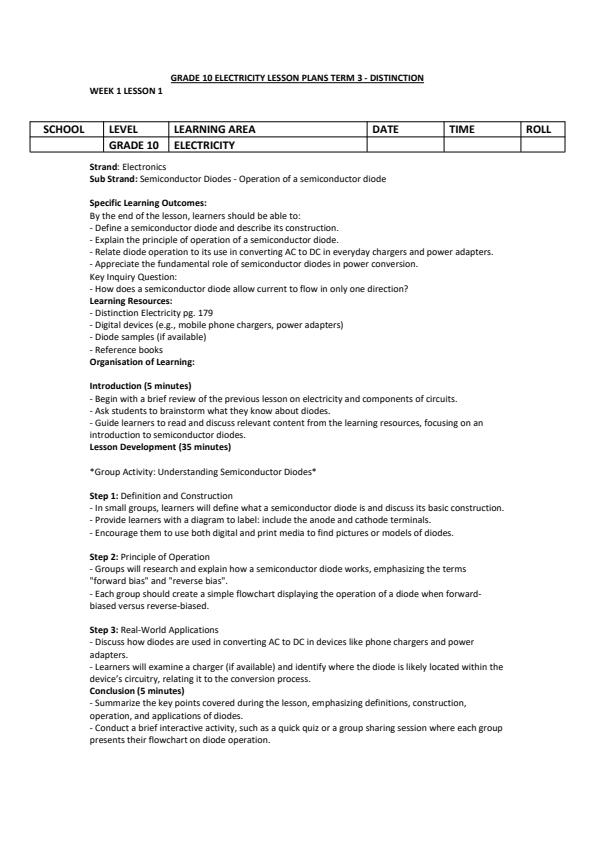 Page 1 – Grade 10 Electricity Lesson Plans Term 3 - Distinction – Kenyaplex