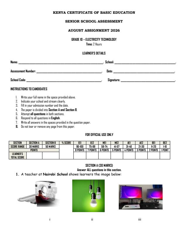 Page 1 – Grade 10 Electricity Technology August 2026 Holiday Assignment – Kenyaplex