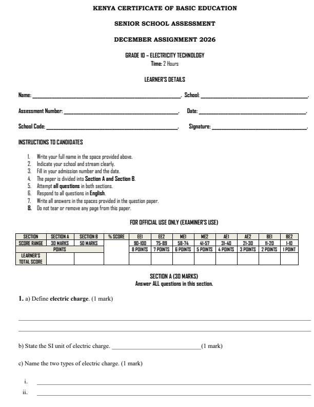 Page 1 – Grade 10 Electricity Technology December 2026 Holiday Assignment – Kenyaplex