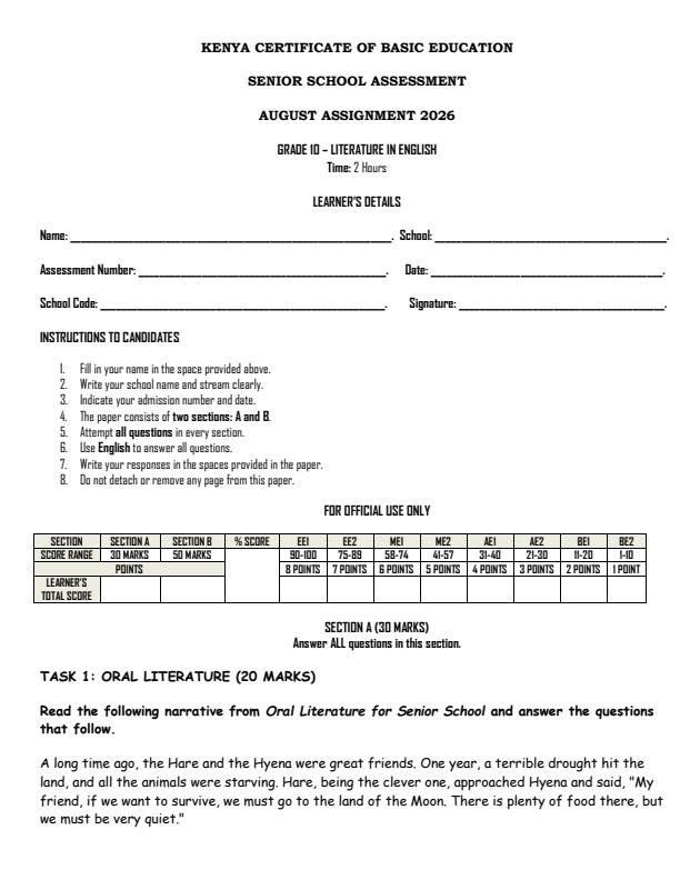 Page 1 – Grade 10 English - Literature August 2026 Holiday Assignment – Kenyaplex