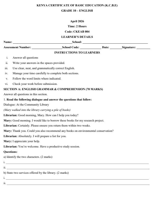 Page 1 – Grade 10 English April 2026 Holiday Assignment – Kenyaplex