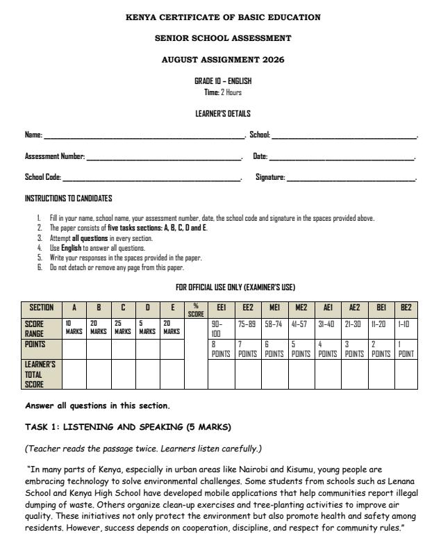 Page 1 – Grade 10 English August 2026 Holiday Assignment – Kenyaplex