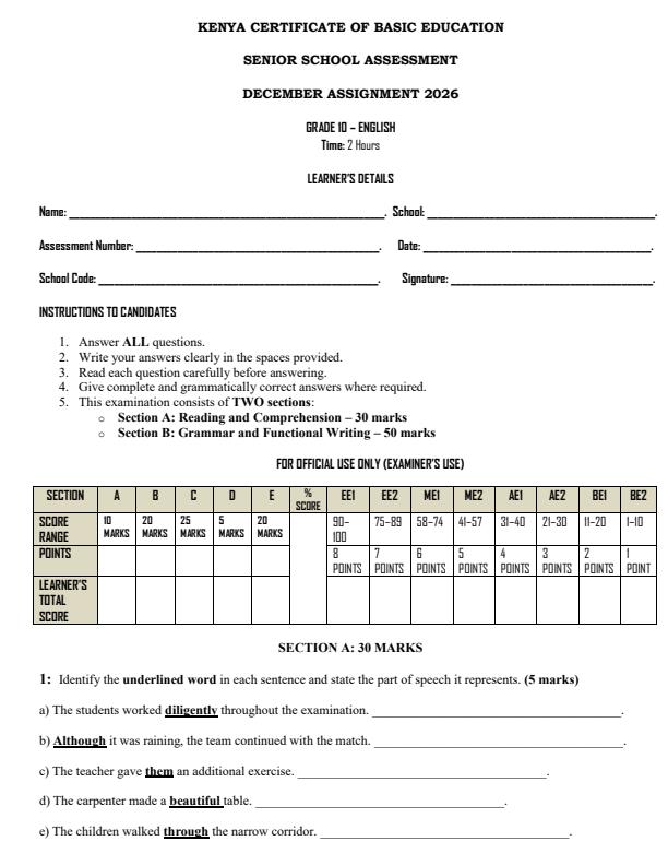 Page 1 – Grade 10 English December 2026 Holiday Assignment  – Kenyaplex