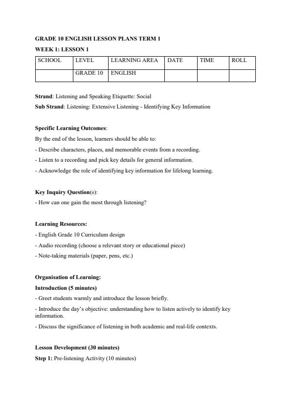 Page 1 – Grade 10 English Lesson Plans Term 1 – Kenyaplex
