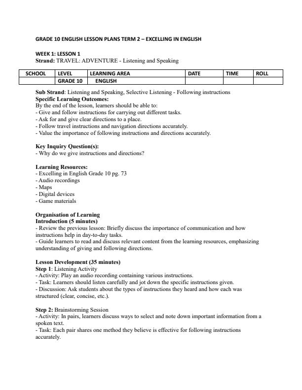 Page 1 – Grade 10 English Lesson Plans Term 2 - Excelling in English – Kenyaplex