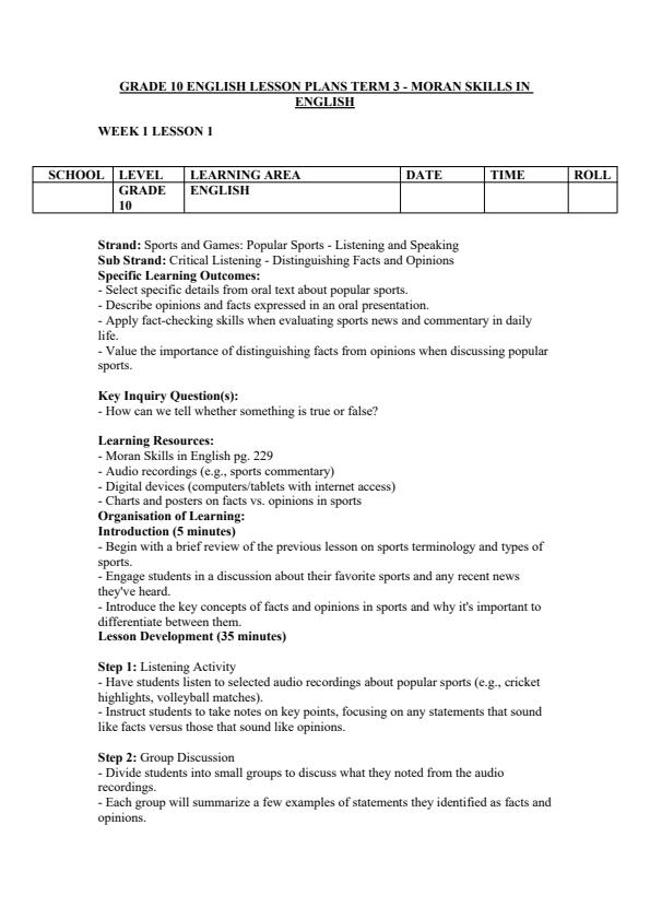 Page 1 – Grade 10 English Lesson Plans Term 3 - Moran Skills in English – Kenyaplex