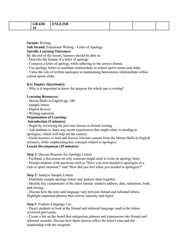 Page 4 – Grade 10 English Lesson Plans Term 3 - Moran Skills in English – Kenyaplex