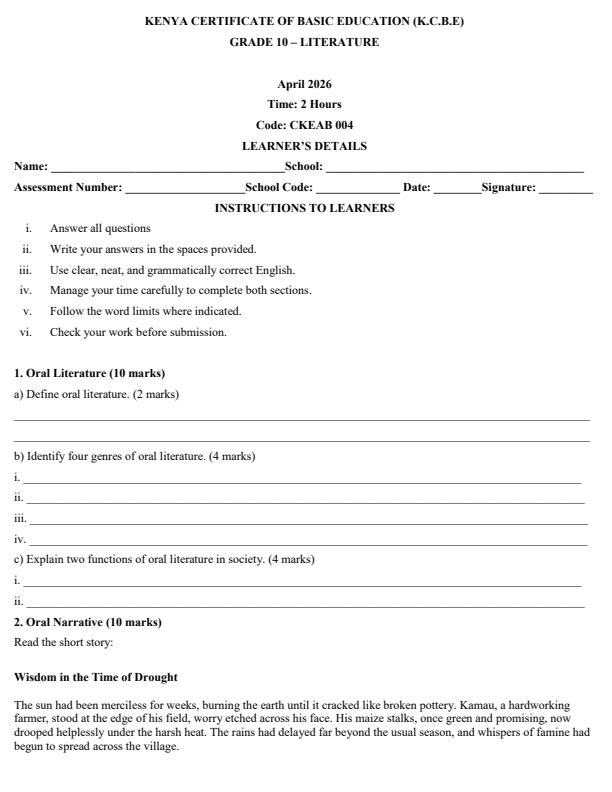 Page 1 – Grade 10 English Literature April 2026 Holiday Assignment – Kenyaplex