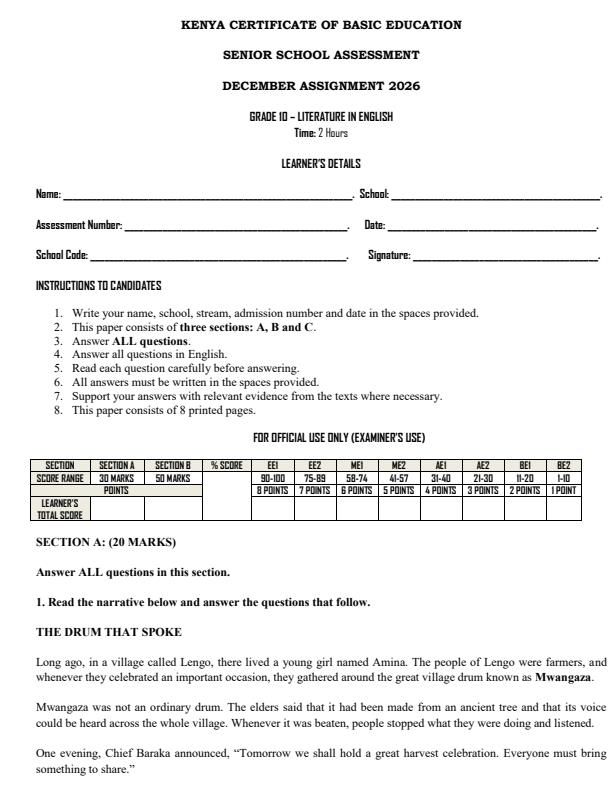 Page 1 – Grade 10 English Literature December 2026 Holiday Assignment – Kenyaplex