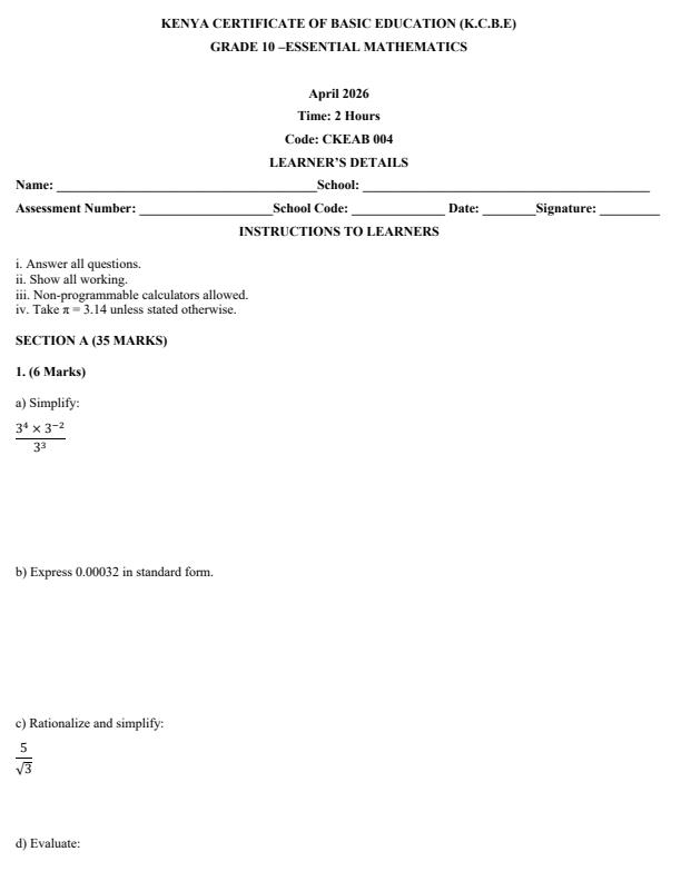Page 1 – Grade 10 Essential Mathematics April 2026 Holiday Assignment – Kenyaplex