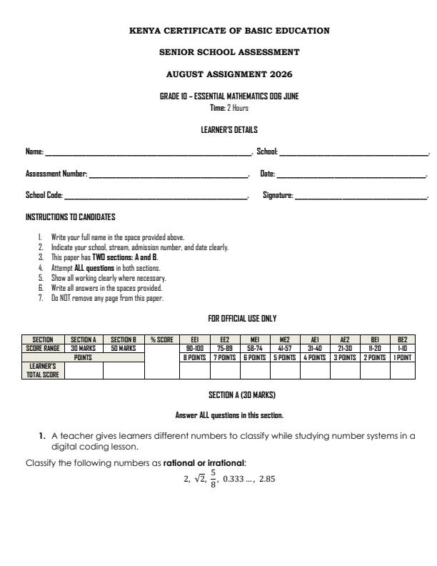 Page 1 – Grade 10 Essential Mathematics August 2026 Holiday Assignment – Kenyaplex