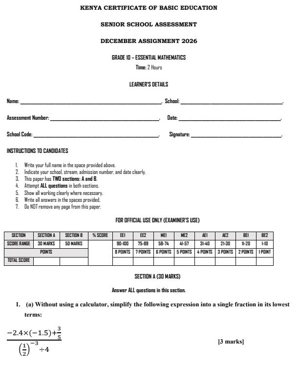 Page 1 – Grade 10 Essential Mathematics December 2026 Holiday Assignment – Kenyaplex