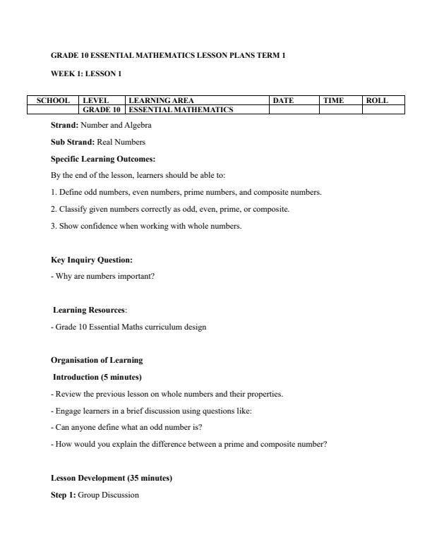 Page 1 – Grade 10 Essential Mathematics Lesson Plans Term 1 – Kenyaplex