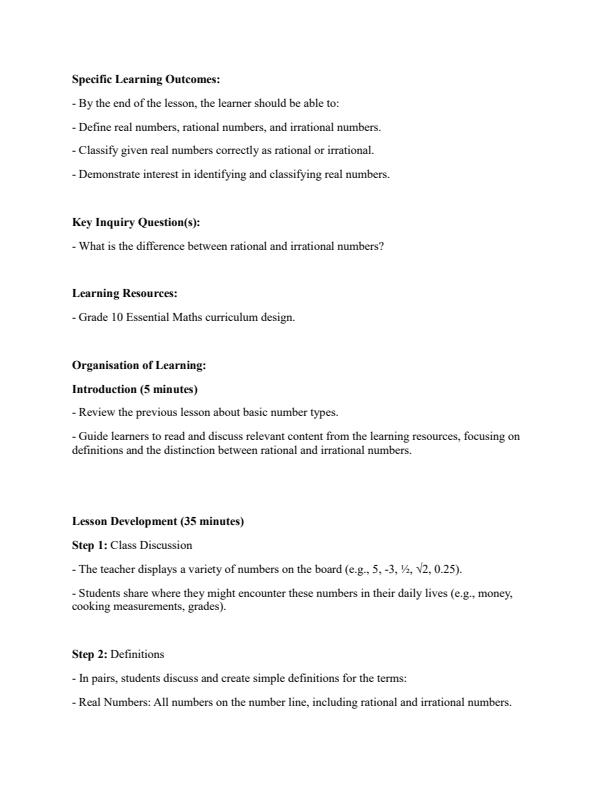 Page 4 – Grade 10 Essential Mathematics Lesson Plans Term 1 – Kenyaplex