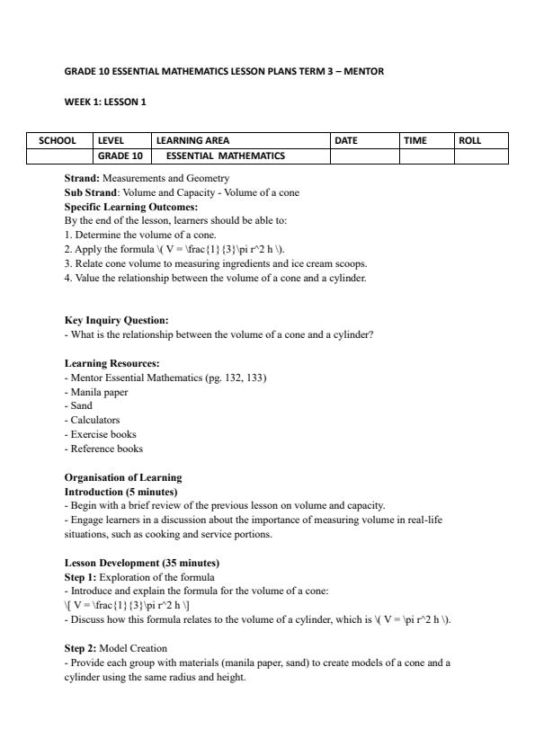 Page 1 – Grade 10 Essential Mathematics Lesson Plans Term 3 - Mentor – Kenyaplex