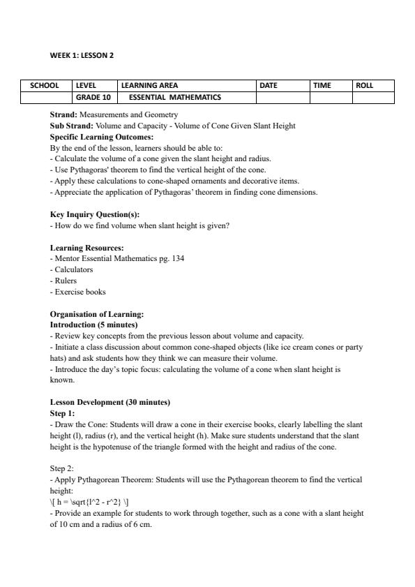 Page 3 – Grade 10 Essential Mathematics Lesson Plans Term 3 - Mentor – Kenyaplex