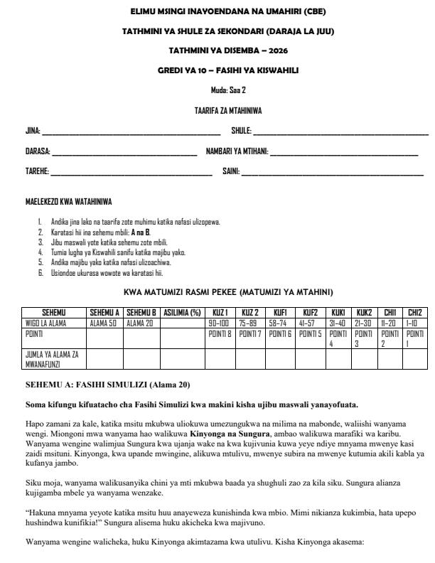 Page 1 – Grade 10 Fasihi ya Kiswahili December 2026 Holiday Assignment – Kenyaplex