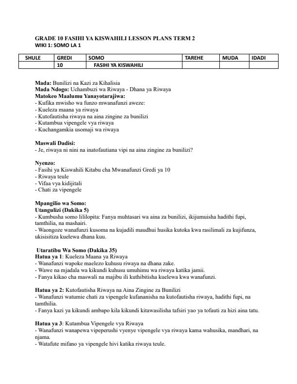 Page 1 – Grade 10 Fasihi ya Kiswahili Lesson Plans Term 2 – Kenyaplex