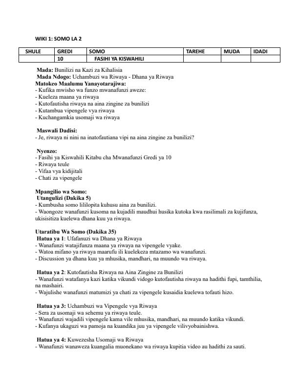 Page 3 – Grade 10 Fasihi ya Kiswahili Lesson Plans Term 2 – Kenyaplex