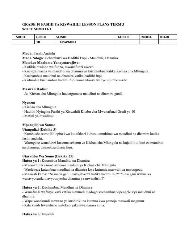 Page 1 – Grade 10 Fasihi ya Kiswahili Lesson Plans Term 3 – Kenyaplex