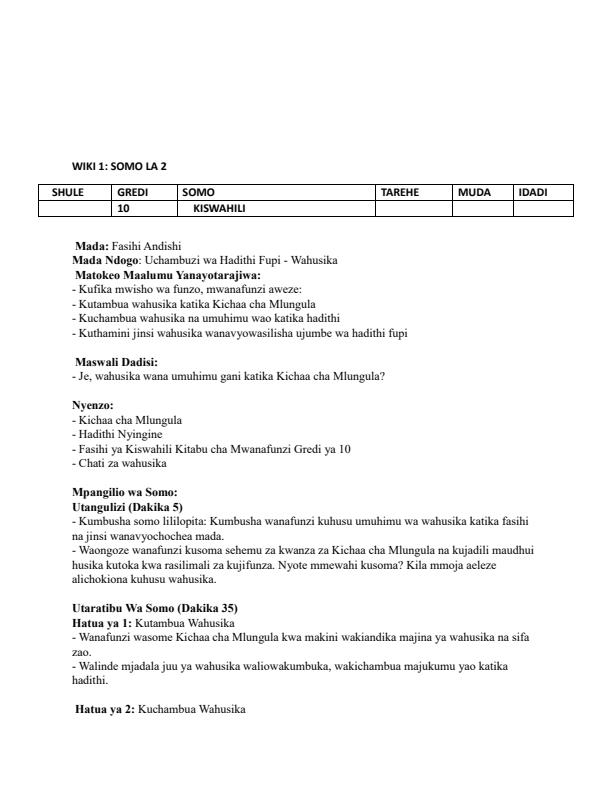 Page 3 – Grade 10 Fasihi ya Kiswahili Lesson Plans Term 3 – Kenyaplex