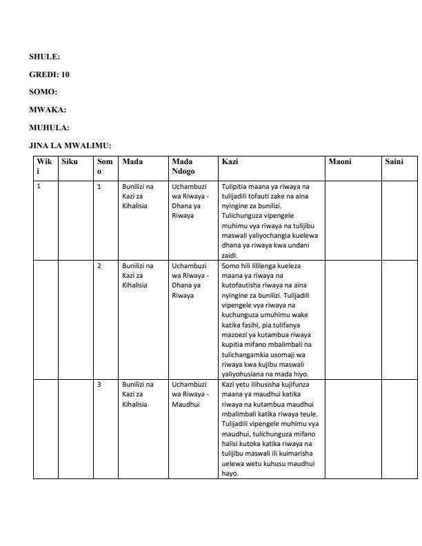 Page 1 – Grade 10 Fasihi ya Kiswahili Records of Work Term 2 – Kenyaplex