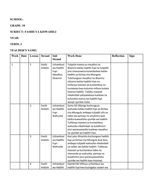 Page 1 – Grade 10 Fasihi ya Kiswahili Records of Work Term 3  – Kenyaplex