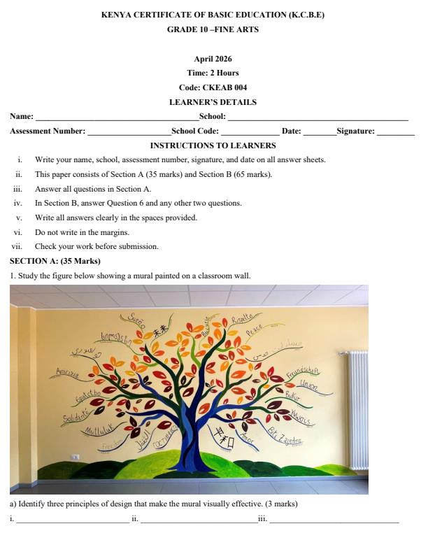 Page 1 – Grade 10 Fine Arts April 2026 Holiday Assignment – Kenyaplex