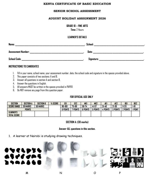 Page 1 – Grade 10 Fine Arts August 2026 Holiday Assignment – Kenyaplex