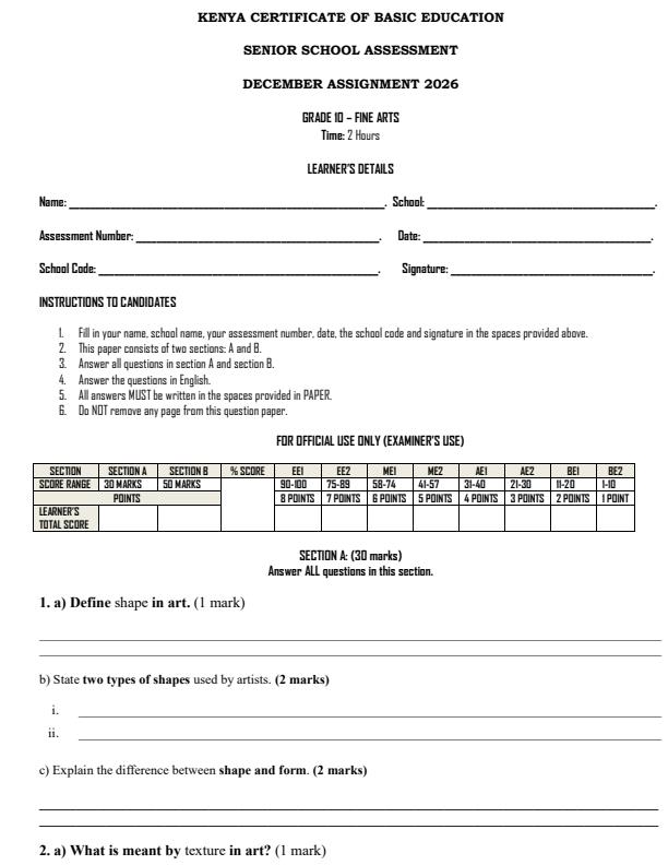 Page 1 – Grade 10 Fine Arts December 2026 Holiday Assignment – Kenyaplex