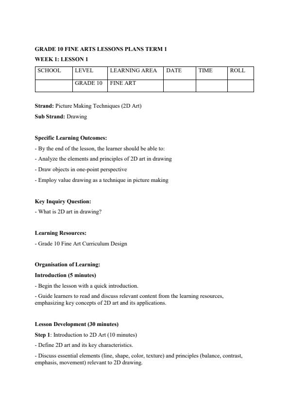 Page 1 – Grade 10 Fine Arts Lesson Plans Term 1 – Kenyaplex