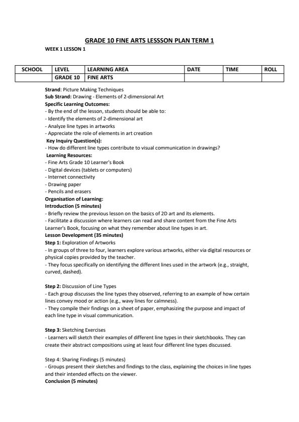 Page 1 – Grade 10 Fine Arts Lesson Plans Term 1 – Kenyaplex