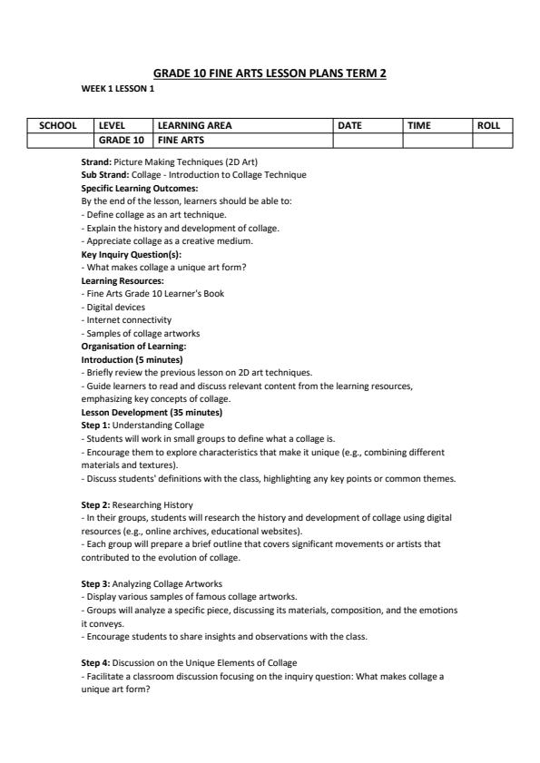 Page 1 – Grade 10 Fine Arts Lesson Plans Term 2 – Kenyaplex